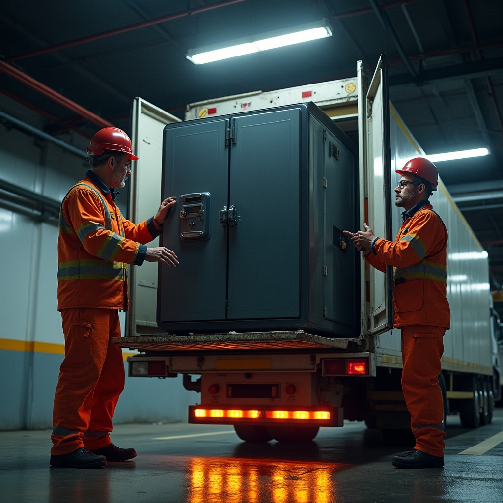 Schwerlasttransport, Tresor wird mit Hebebühne verladen